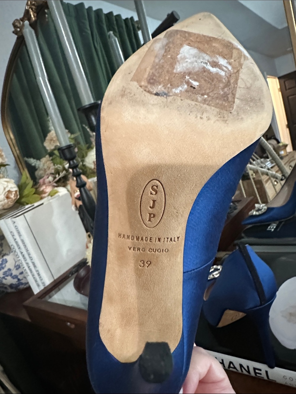 SJP by Sarah Jessica Parker Navy Satin Pointed Toe Pumps with Crystal Buckle - Picture 5 of 11